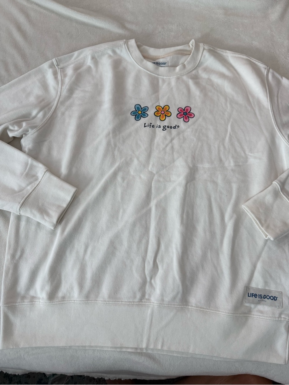 Life is Good Sweatshirt with Three Flowers Size Large D83